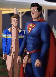 2boys abs actor arrowverse balls bodily_fluids bottomless cape celebrity clark_kent cum cum_drip dc dc_comics ef_drawings ejaculation embarrassed father_and_son feet_out_of_frame flaccid in_character jonathan_kent,_sr. jordan_elsass kal-el male male_only muscles muscular muscular_male no_visible_nipples open_shirt pecs penis penis_out penis_size_difference post_nut_clarity precum precum_drip pubes pubic_hair retracted_foreskin standing superhero superhero_costume superman superman_and_lois_(series) sweatdrop tyler_hoechlin uncut veiny_penis yaoi