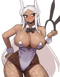 1girls big_breasts breasts bunnysuit dark-skinned_female dark_skin donburikazoku female hi_res highleg_leotard huge_breasts large_breasts leotard long_hair miruko my_hero_academia rabbit_ears red_eyes revealing_clothes rumi_usagiyama solo thick_thighs white_hair wide_hips