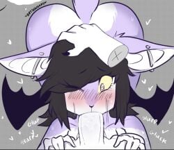 <3_eyes anthro ass bat bat_squeaks big_butt blush blush_lines bodily_fluids cum cum_in_mouth cum_inside dragon duo fellatio fellatio_pov female figg_(bat_squeaks) genital_fluids genitals hand_on_head head_grab heart male male/female mammal mouthfull nyth_(grumpydragon) oral oral_penetration penetration penile penile_penetration penis sex size_difference slurping sucking sucking_tip