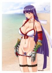 bar_censor bikini bikini_pull blue_eyes breasts censored choker clothes_pull collarbone cowboy_shot cross cross_choker cross_necklace earrings elbow_gloves fate/grand_order fate_(series) female female_pubic_hair frilled_bikini frills gauntlets gloves highres hime_cut jewelry large_breasts navel necklace nekoreset13 pubic_hair purple_hair red_gloves saint_martha saint_martha_(swimsuit_ruler) solo standing straight_hair swimsuit white_bikini