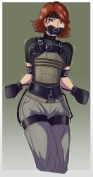 bondage bondage_gear bondage_mittens bound bound_hands female female_only femsub fully_clothed gag lock meryl_silverburgh metal_gear metal_gear_solid padlock red_hair tagme thigh_band