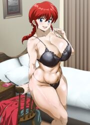 1girls ai_generated bedroom blue_eyes braided_hair cleavage fit_female huge_breasts osuwaani ranma-chan ranma_1/2 ranma_saotome red_hair underwear