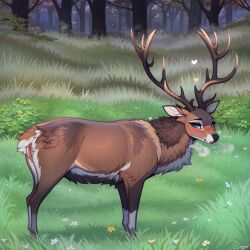 1:1 ai_generated antlers belly blue_eyes brown_body brown_fur cervid cervine colored detailed detailed_background female feral fur genitals hi_res horn looking_at_viewer lungfish1223 mammal pussy red_deer solo white_belly