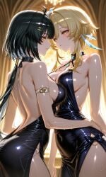 2girls ai_generated bare_back bare_shoulders black_hair blonde_hair breasts breasts_squeezed_together crossover elegant elegant_dress evening_dress female_rover_(wuthering_waves) genshin_impact hand_on_hip lumine_(genshin_impact) rover_(wuthering_waves) sexy sexy_body side_boob sideboob wuthering_waves yellow_eyes