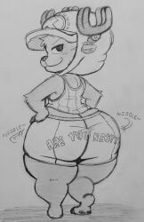 2023 anthro antlers antlers_through_headwear ass big_ass big_butt bubble_ass bubble_butt cervid cervine cervix fauxtellno1_(artist) furry headgear headwear huge_ass looking_at_viewer looking_back naughty_face one_piece reindeer smile smiling tank_top text_on_bottomwear text_on_clothing tony_tony_chopper traditional_media_(artwork)