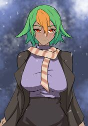 1girls breasts cold dark-skinned_female dark_skin female female_only fire_emblem fire_emblem_heroes green_hair in2naps jacket laegjarn_(fire_emblem) large_breasts looking_at_viewer multicolored_hair nintendo outdoors red_eyes scarf short_hair skirt smile snow solo winter