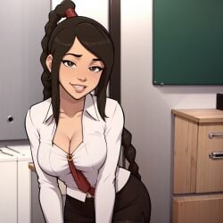 1girls ai_generated avatar_legends avatar_the_last_airbender braided_hair braided_ponytail cleavage female fire_nation leaning_forward medium_breasts mrpotatoparty_(style) office_lady pantyhose ponytail short_skirt smile ty_lee