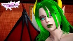 3d blue_eyes demon demon_girl demon_humanoid demon_wings demoness female female_only glasses green_hair horns lexx_triffos naked naked_female necklace nude nude_female red_wings riaykuras_playground sharp_ears winged_humanoid