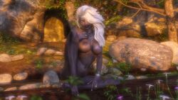 1girls 2019 3d aineeri_(ranthar) dark_elf elf elf_ears female female_only gray_hair grey_hair large_breasts long_hair nude nude_female original_character outdoor outdoor_nudity outdoors outside ranthar seated sitting solo solo_female white_hair