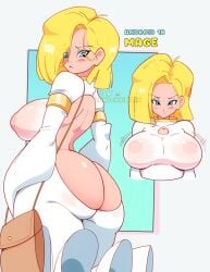 1girls android_18 areolae ass ass_cleavage ass_focus big_ass big_breasts big_butt blonde_hair blue_hair blush blushing breasts breasts_visible_through_clothing dragon_ball dragon_ball_super dragon_ball_z eyebrows female female_only large_ass large_breasts looking_at_viewer lunaexhabbitix mage milf nipples solo solo_female solo_focus thick_thighs thighs wide_hips