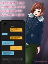 1boy alternate_version_available brown_hair caption cargo_pants dialogue english english_text grindr hotel_room jacket juicyysissy_(artist) no_visible_genitalia screenshot skinny smartphone