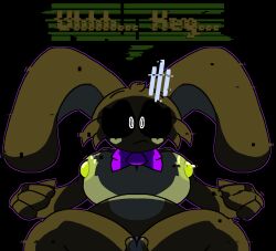 anthro areola big_breasts black_background black_sclera breasts brown_body brown_fur chaoticdream cheek_tuft dialogue digital_creature facial_tuft female five_nights_at_freddy's fur genitals glitchtrap green_areola green_nipples heart hi_res lagomorph leporid looking_at_viewer mammal nipples purple_bow_tie pussy rabbit rule_63 scottgames simple_background solo speech_bubble text thick_thighs tuft white_eyes wide_hips