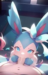 ai_generated blowjob breasts cum cum_in_mouth fellatio looking_at_viewer nymphia penis_between_breasts pokemon pokemon_(species) pov sylveon