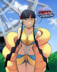 1girls black_hair blinking blue_eyes clothed clothed_female dialogue elesa_(pokemon) elesa_(pokemon_bw2) female human_only humanoid looking_at_viewer nintendo pokemon pokemon_bw2 sfw solo text text_bubble triplestabber