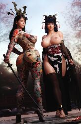 2girls 3d black_hair dead_or_alive full_body_tattoo irezumi kasumi_boy39 kiku_(skyarsenic) kimono long_hair looking_at_viewer multiple_girls naked_footwear nipples nyotengu skyarsenic tattoo tattoos tits_out