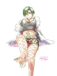 1boy aaside argonavis_from_bang_dream! crop_top crossdressing crossdressing_male feet fishnet fishnet_legwear fishnet_stockings foot_focus foot_up green_hair heart_necklace kikyo_rio kimi_ga_mita_suteeji_e kimisute leopard_print male male_only necklace painted_nails painted_toenails short_hair short_skirt skirt solo stockings thighs