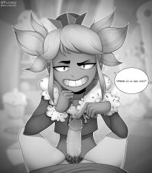 bean_smile biflower black_and_white blurry_background brawl_stars crown index_finger just_the_tip looking_at_viewer mandy_(brawl_stars) monochrome penis short_twintails smile spanish_text speech_bubble supercell talking_to_viewer teasing teasing_viewer teeth touching_penis twintails