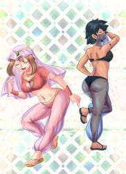 abstract_background ashley_(pokemon) ass black_hair brown_hair closed_eyes dancing harem_outfit may_(pokemon) medium_breasts pokemon pokemon_(anime) pokemon_rse rezuban rule_63 satoko_(pokemon) satoshi_(pokemon) sheer_legwear