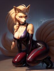 1girls ai_generated anthro anthro_only bedroom_eyes big_breasts black_widow_(cosplay) blonde_fur blush bodysuit braided_hair braided_ponytail breasts cleavage clothed_female collar female female_only furry furry_only looking_at_viewer marvel milf nine_tailed_fox ninetales nintendo pokemon pokemon_(species) scorpianpp self_upload smile solo solo_female solo_focus stable_diffusion