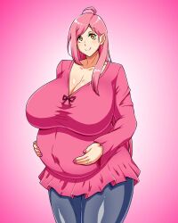 1girls big_breasts black_legwear breasts clothed_female enormous_breasts female female_focus female_only gradient_background huge_breasts large_breasts light-skinned_female long_hair okita_kyouko okusan outie_navel pink_background pink_hair pink_theme pink_topwear pregnant pregnant_belly pregnant_female ready_to_pop ring thick_thighs thighs yellow_eyes