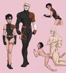 2boys abs black_hair black_hair_bottom collar collaring dc dc_comics deathstroke dick_grayson domination duo duo_focus gay leash light_hair_on_dark_hair male male_focus male_only midosune muscular muscular_male nightwing penis skinny slade_wilson white_hair white_hair_on_black_hair white_hair_top yaoi young