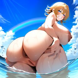 1girls ai_generated anus ass ass_focus asshole beach big_ass big_breasts big_butt blonde_hair blue_eyes chocolate_starfish cloud curvaceous curvy curvy_female curvy_figure female female_only flipped_hair huge_ass huge_breasts huge_butt igawa_sakura looking_at_viewer looking_back naked novelai nude ocean outdoors partially_submerged presenting presenting_hindquarters pussy short_hair sky solo standing sunlight tagme taimanin_(series) water wet