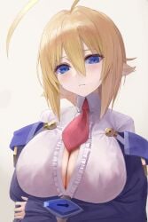 1girls ahoge blazblue blonde_hair blue_eyes blush breasts cleavage collared_shirt crossed_arms dress es_(xblaze) frilled_dress hair_between_eyes huge_breasts kaeru_(meriruou) large_breasts looking_at_viewer necktie simple_background solo upper_body xblaze