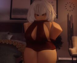 1girls 3d bedroom big_breasts breasts cleavage clothed female female_only hand_behind_head indoors looking_at_viewer niki_okarin roblox roblox_avatar robloxian smug smug_face solo solo_female solo_focus standing thick_thighs thighs virgin_killer_sweater white_hair