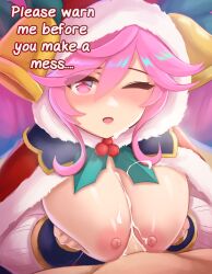 1boy 1boy1girl 1girls boobjob breasts christmas ciderwrath cleo cleo_(dragalia_lost) cum cum_on_breasts cygames dialogue dragalia_lost ejaculation_between_breasts erect_nipples gradient_hair hands_on_breasts large_breasts light-skinned_female light-skinned_male light_skin looking_at_viewer male_pov nintendo paizuri partially_clothed pink_eyes pink_hair pov text titjob