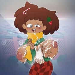 1girls amphibia anne_boonchuy areolae asian_female big_breasts blush blushing bodily_fluids breast_squeeze breasts breasts_out brown_hair covered_in_cum cum cum_drip cum_in_hair cum_in_mouth cum_on_body cum_on_breasts dark-skinned_female dark_skin disney disney_channel excessive_cum female incogneato large_breasts looking_at_viewer navel nipples skirt solo solo_female solo_focus thai wide_hips