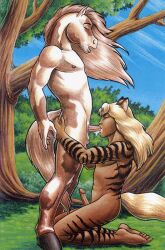 2boys anthro day daytime duo equid equine felid felid_humanoid feline feline_humanoid fellatio frank_gembeck furry gay horse interspecies male/male oral oral_sex outdoors outside penis penis_in_mouth species_request sucking_penis testicles yaoi