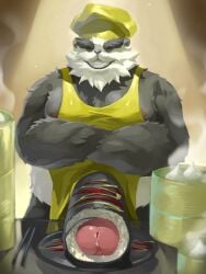 2023 anthro apron bear black_body black_fur chef_hat closed_eyes clothing colaoaoiacquy food fur genitals giant_panda hat headgear headwear hi_res kemono male male_only mammal moobs musclegut nipples overweight overweight_male penis solo sushi white_body white_fur