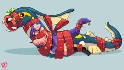 1girls boots breasts breasts_out cat_ears cat_tail catgirl choker christmas eelektross exposed_breasts heterochromia jingle_bell misskoi nipples pokémon_(species) pokemon pokemon_(species) purple_clothing purple_hair red_eyes restrained ribbon ribbon_bondage stargirlgames tail