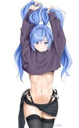 1girls arms_up blue_eyes blue_hair chaesu crop_top female female_only long_hair looking_at_viewer minah original original_character pose posing stomach thighhighs twintails twintails