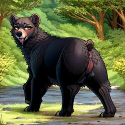 1:1 ai_generated anus bear black_bear black_body black_fur bodily_fluids colored detailed detailed_background drooling female feral fur genitals hi_res lungfish1223 mammal orange_eyes presenting pussy raised_tail saliva solo tongue tongue_out ursid ursine zoophilia