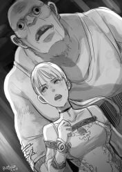 1girls big_dom_small_sub blonde_hair butcha-u capcom debilitas demento female fiona_belli greyscale haunting_ground imminent_rape monochrome petite ugly_bastard ugly_man worried worried_expression