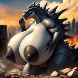 1female 1girl 1girls ai_generated anthro big_breasts black_areola breasts breasts_bigger_than_head breasts_bigger_than_torso city city_destruction cloud clouds dark_nipples dorsal_spikes female female_only fire frosting.ai giantess godzilla godzilla_(series) grabbing_own_breast kaiju massive_ass massive_breasts massive_butt massive_hips massive_thighs nipples rule_63 scales scalie solo tagme