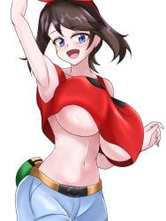 1girls big_breasts blue_eyes breasts brown_hair captain_rs creatures_(company) female female_only femalehuge_breasts fully_clothed game_freak huge_breasts large_breasts light-skinned_female light_skin may_(pokemon) may_(pokemon_oras) nintendo pokemon pokemon_oras short_hair solo solo_focus tight_clothing underboob