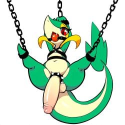 1:1 ai_generated anthro ball_gag balls big_penis bondage bondage bound chains clothing cock_ring cuff_(restraint) erection gag gagged generation_5_pokemon genitals green_body harness harness_gag hellsonger hi_res humanoid_genitalia humanoid_penis jewelry looking_at_viewer male navel nintendo penis penis_accessory penis_jewelry pokemon pokemon_(species) red_eyes reptile restraints scalie shackles simple_background snivy solo spikes spread_legs spreading submissive white_background