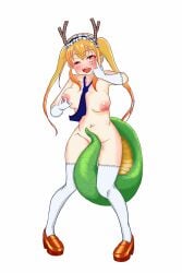 1girls big_breasts breast_grab female groping_breasts manukahanii miss_kobayashi's_dragon_maid monster_girl partially_clothed solo tail_covering_privates tohru_(dragon_maid)