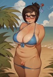 1futa ai_generated beach bikini blush brown_eyes brown_hair chubby civitai erikochan futanari glasses huge_breasts looking_at_viewer mei_(overwatch) micropenis navel overwatch precum self_upload small_balls solo uncensored