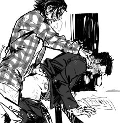 2boys alan_wake alan_wake_(character) alan_wake_2 alex_casey beard bent_over black_and_white blushing from_behind gay intimate male_focus male_only max_payne on_table yaoi