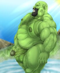 bald balls beard big_balls big_penis boner chubby closed_eyes erection facial_hair green_body green_skin male male_only masturbation musclegut nude orc orc_male overweight penis solo solo_male sweat sweating taighet_28