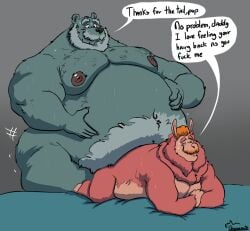 anal anthro bear beard bed belly big_belly bodily_fluids camelid crossed_arms dialogue duo english_text facial_hair fat fat_belly furniture gay hairy hands_on_belly hi_res larger_male llama looking_pleasured lying male male/male mammal mature_male moobs morbidly_obese morbidly_obese_anthro morbidly_obese_male motion_lines nipples obese obese_anthro obese_male on_bed on_front overweight overweight_anthro overweight_male profanity sex size_difference smaller_male smile speech_bubble sweat text thick_thighs uniparasite