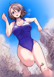 1girls 2017 bathing_suit blue_eyes blush blushing brown_hair brown_hair_female brunette_hair city city_destruction destruction female female_focus female_only giantess light-skinned_female light_skin lol love_live! love_live!_sunshine!! one-piece_swimsuit running short_hair solo solo_female solo_focus swimsuit torajimaneko watanabe_you wtf