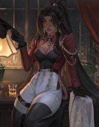 abbysolutely black_hair cleavage earrings female fully_clothed_female gloves green_eyes large_breasts looking_at_viewer night_time original_character thigh_high_boots tipping_hat uniform vena_(abbysolutely) whiskey_glass