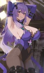 armpits arms_up bare_shoulders black_swan_(honkai:_star_rail) bodystocking breasts cleavage covered_navel dress elbow_gloves female general gloves hair_between_eyes honkai:_star_rail honkai_(series) hoyoverse large_breasts leotard long_hair looking_at_viewer nvl purple_dress purple_eyes purple_hair smile solo sweat veil very_long_hair