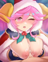 1boy 1boy1girl 1girls boobjob breasts christmas ciderwrath cleo cleo_(dragalia_lost) cum cum_on_breasts cygames dragalia_lost ejaculation_between_breasts erect_nipples gradient_hair hands_on_breasts large_breasts light-skinned_female light-skinned_male light_skin looking_at_viewer male_pov nintendo paizuri partially_clothed pink_eyes pink_hair pov titjob