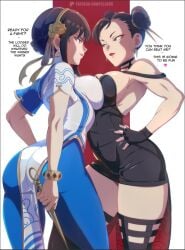 2girls ass big_breasts black_hair breast_press breast_squeeze brown_hair catfight chinese_clothes chun-li clothed clothing cosplay english_text felox08 female female_focus female_only jewelry large_breasts lipstick long_hair looking_at_another outfit_swap red_eyes solo_female spy_x_family staredown street_fighter street_fighter_6 tagme text thick_thighs thorn_princess weapon yor_briar yor_forger