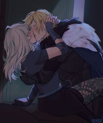 blonde_hair blush blushing_male byleth_(fire_emblem) byleth_(fire_emblem)_(female) closed_eyes dimitri_alexandre_blaiddyd female fire_emblem fire_emblem:_three_houses fully_clothed green_hair kissing leggings male male_blushing nintendo no_sex romantic source_request straight viria13